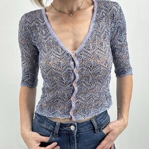 Vintage Y2K Crochet Cardigan S/Xs Blue Open Knit Boho Italy Cottage Granny Beach